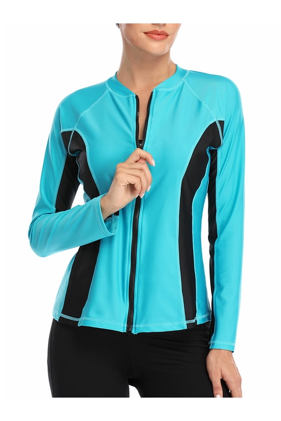 Women's Color Block Rash Guard Long Sleeve Zipper Swim Shirt UPF 50+