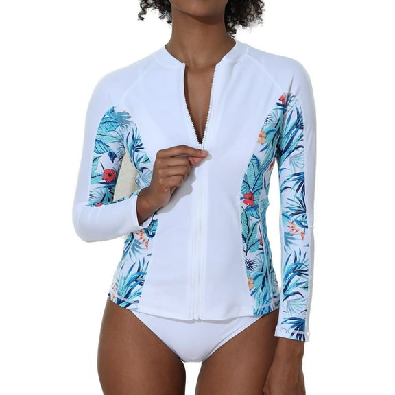 Sociala Women's Color Block Rash Guard Long Sleeve Zipper Swim Shirt UPF 50 
