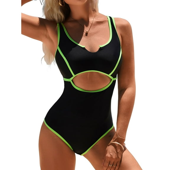 Sociala Women's Color Blocked One Piece Swimwear Tummy Control Monikini Swimsuit