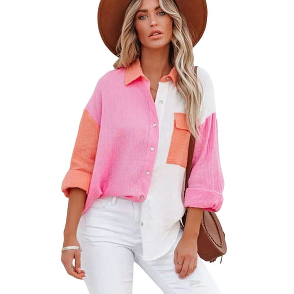 Sociala Women's Contrast Color Button Down Shirt Casual Blouses Loose Fit Tops with Long Sleeves