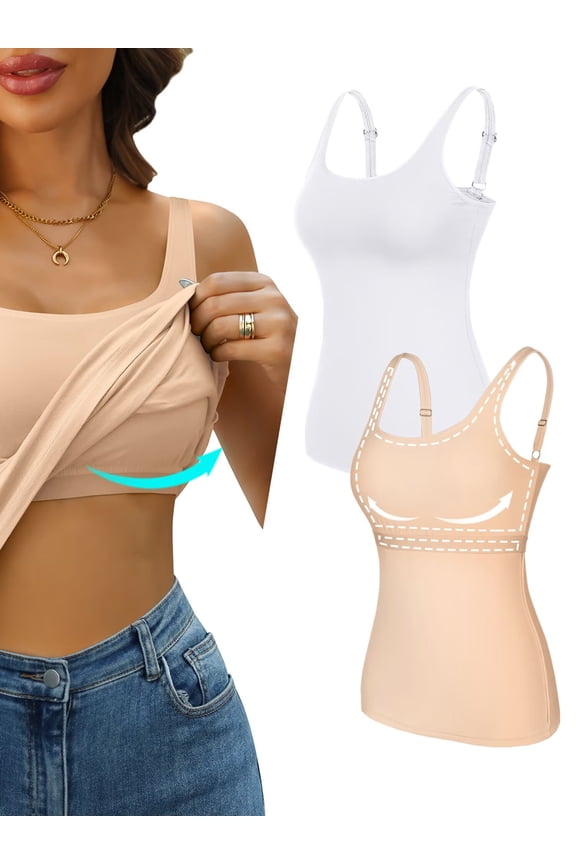 Women's Cotton Tank Tops with Built-in Shelf Bra Adjustable Wide Strap Camisoles Basic Cami Shirts, 2-Pack