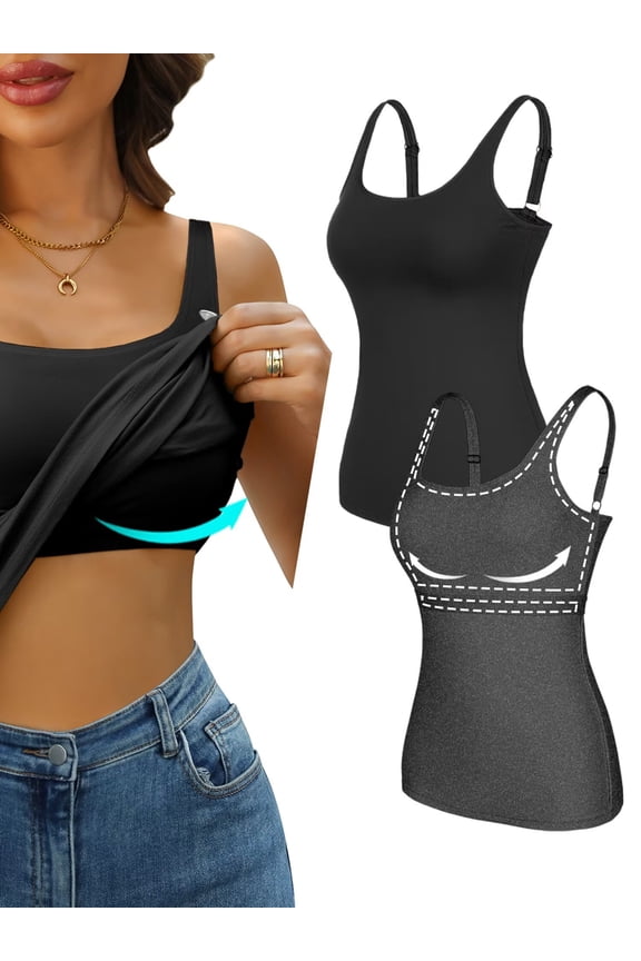Women's Cotton Tank Tops with Built-in Shelf Bra Adjustable Wide Strap Camisoles Basic Cami Shirts, 2-Pack