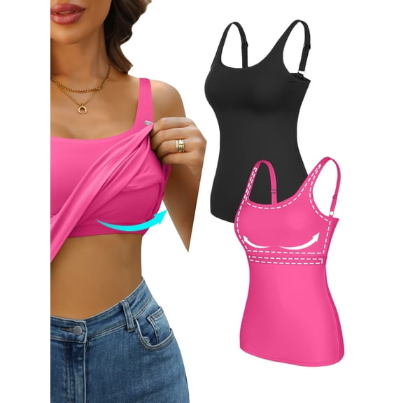 Sociala Women's Cotton Tank Tops with Built-in Shelf Bra Adjustable Wide Strap Camisoles Basic Cami Shirts, 2-Pack