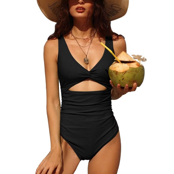 Sociala Women's Deep V Neck Monkini Swimwear Tummy Control One Piece Swimsuit