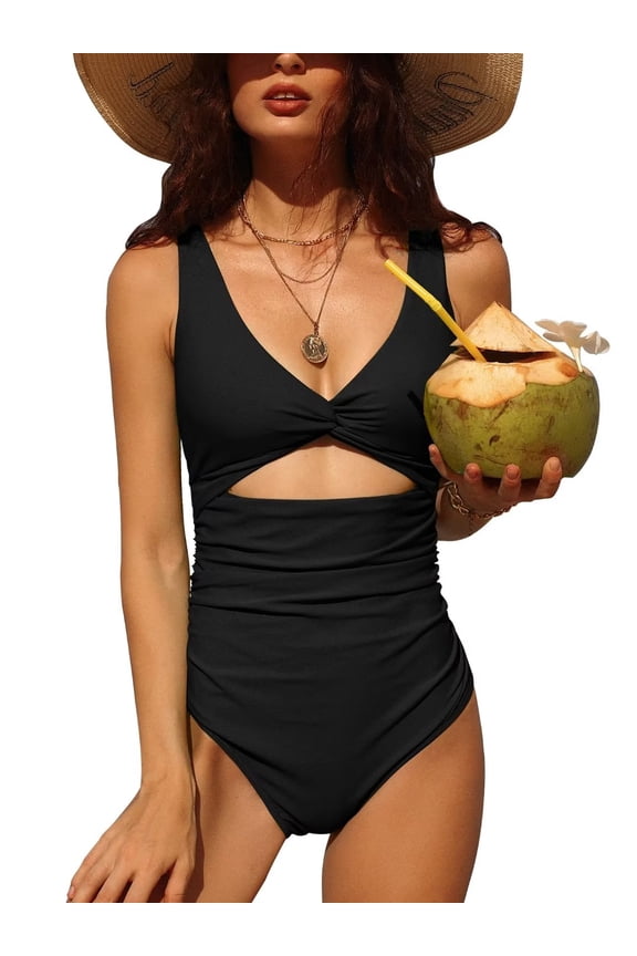 Women's Deep V Neck Monkini Swimwear Tummy Control One Piece Swimsuit