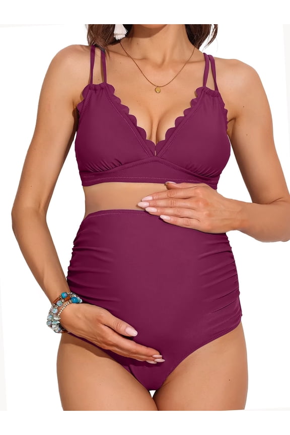 Women's Double Straps Maternity Bikini Set Two Piece Scalloped Bathing Suit Swimsuit