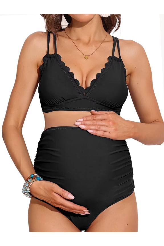 Women's Double Straps Maternity Bikini Set Two Piece Scalloped Bathing Suit Swimsuit