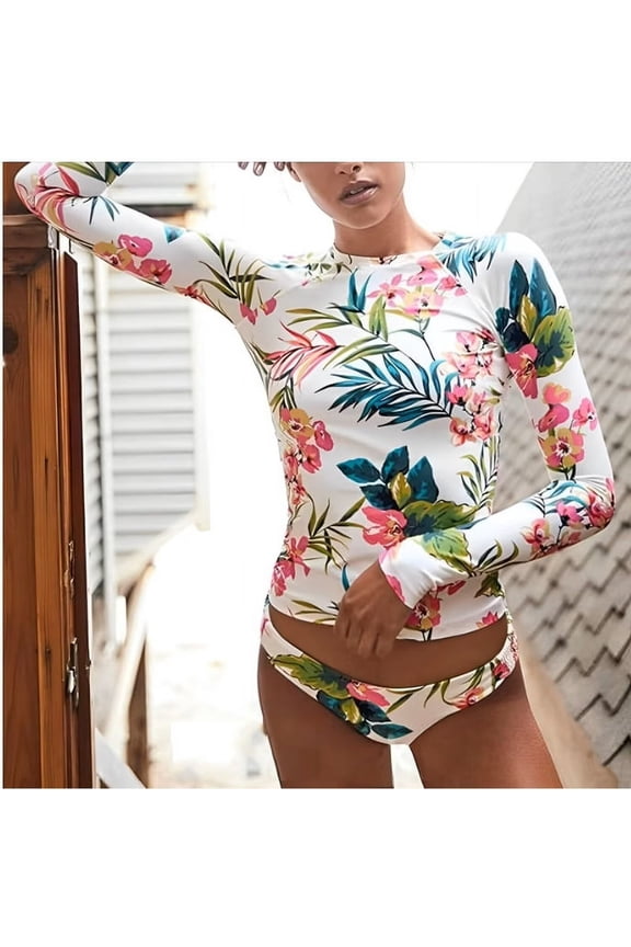 Women's Floral Printed Rash Guard Swimsuit, Two-Piece Set