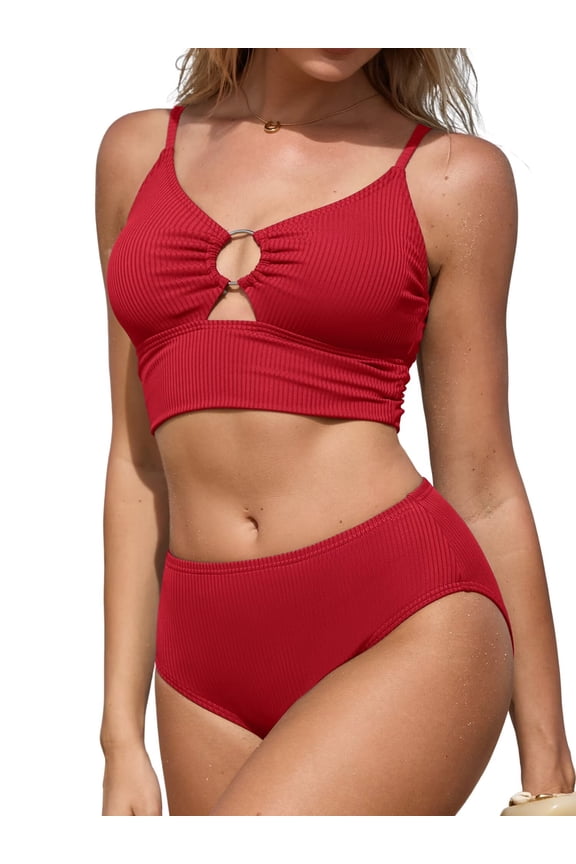 Women's High Waisted Ribbed Bikini Sets High Cut Bathing Suits Two Piece Sporty Cut Out Swimsuits