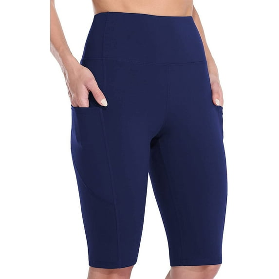 Sociala Knee Length High Waisted Bike Shorts for Womens Tummy Control Shorts With Side Pockets Workout Athletic Running Shorts