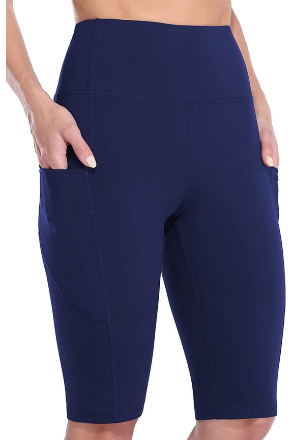 Knee Length High Waisted Bike Shorts for Womens Tummy Control Shorts With Side Pockets Workout Athletic Running Shorts