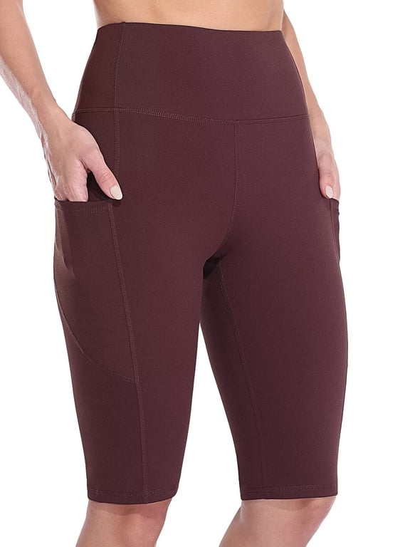 Women's Knee Length High Waisted Bike Shorts With Side Pockets Workout Athletic Running Shorts