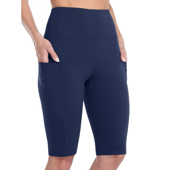 Sociala Knee Length High Waisted Bike Shorts for Womens Tummy Control Shorts With Side Pockets Workout Athletic Running Shorts