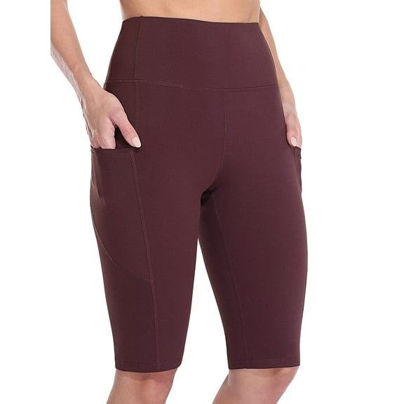 Sociala Knee Length High Waisted Bike Shorts for Womens Tummy Control Shorts With Side Pockets Workout Athletic Running Shorts