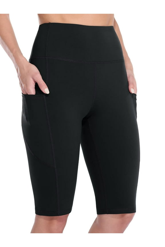 Women's Knee Length High Waisted Bike Shorts With Side Pockets Workout Athletic Running Shorts