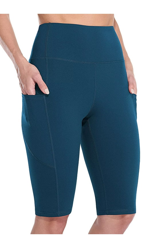 Women's Knee Length High Waisted Bike Shorts With Side Pockets Workout Athletic Running Shorts