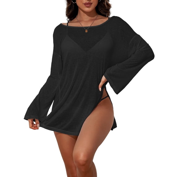 Sociala Women's Long Sleeve Cover Ups Crew Neck Swim Tops