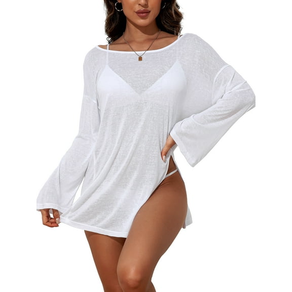 Sociala Women's Long Sleeve Cover Ups Crew Neck Swim Tops