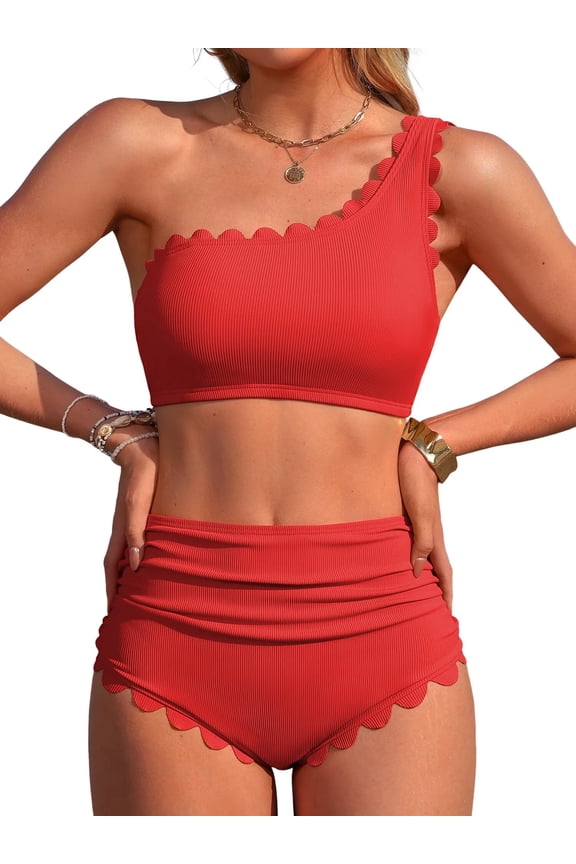 Women's One Shoulder Scallop Ribbed Bikini Sets Color Block Swimsuits High Waisted Bathing Suits