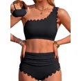thumbnail image 1 of Sociala Women's One Shoulder Scallop Ribbed Bikini Sets Color Block Swimsuits High Waisted Bathing Suits, 1 of 9
