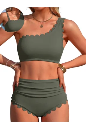 Women's One Shoulder Scallop Ribbed Bikini Sets Color Block Swimsuits High Waisted Bathing Suits