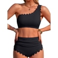 thumbnail image 1 of Sociala Women's One Shoulder Scallop Ribbed Bikini Sets Color Block Swimsuits High Waisted Bathing Suits, 1 of 9