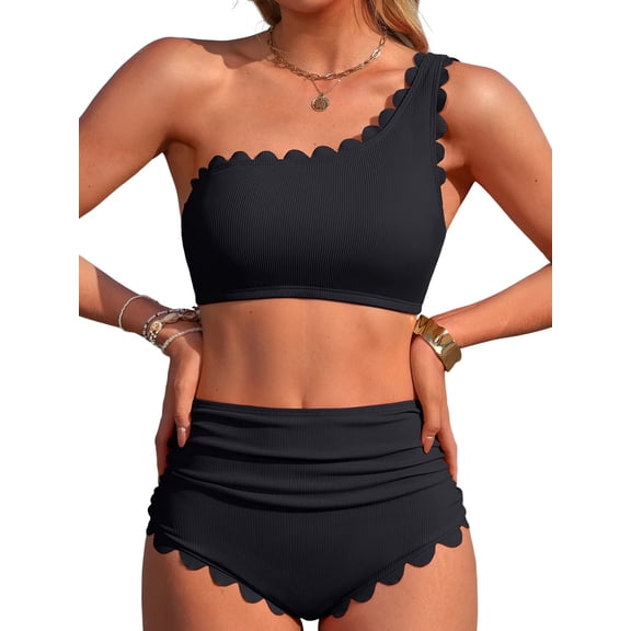 Sociala Women's One Shoulder Scallop Ribbed Bikini Sets Color Block Swimsuits High Waisted Bathing Suits