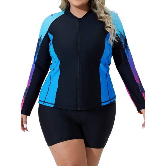 Sociala Women's Plus Zipper Rash Guard Long Sleeve Color Block Swim Shirt UPF 50+ Swimsuit Tops