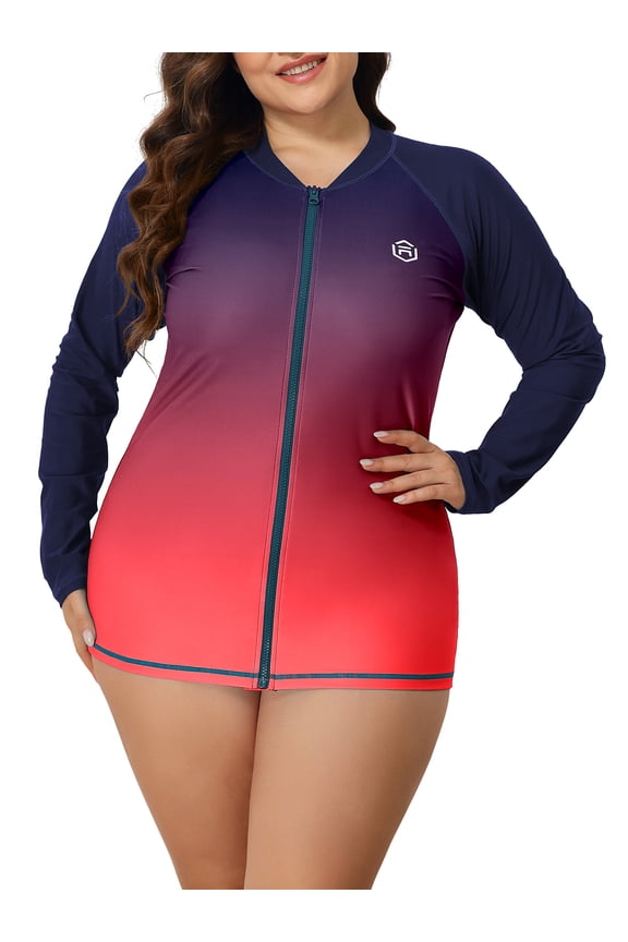 Women's Plus Zipper Rash Guard Long Sleeve Color Block Swim Shirt UPF 50+ Swimsuit Tops