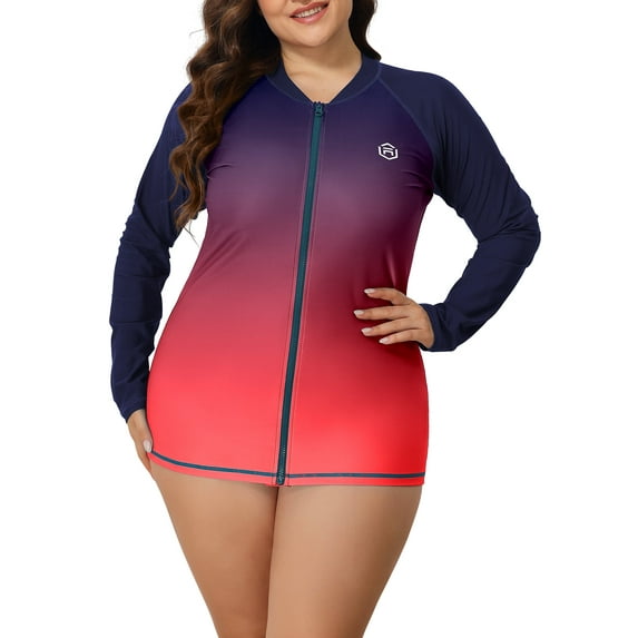 Sociala Women's Plus Zipper Rash Guard Long Sleeve Color Block Swim Shirt UPF 50+ Swimsuit Tops