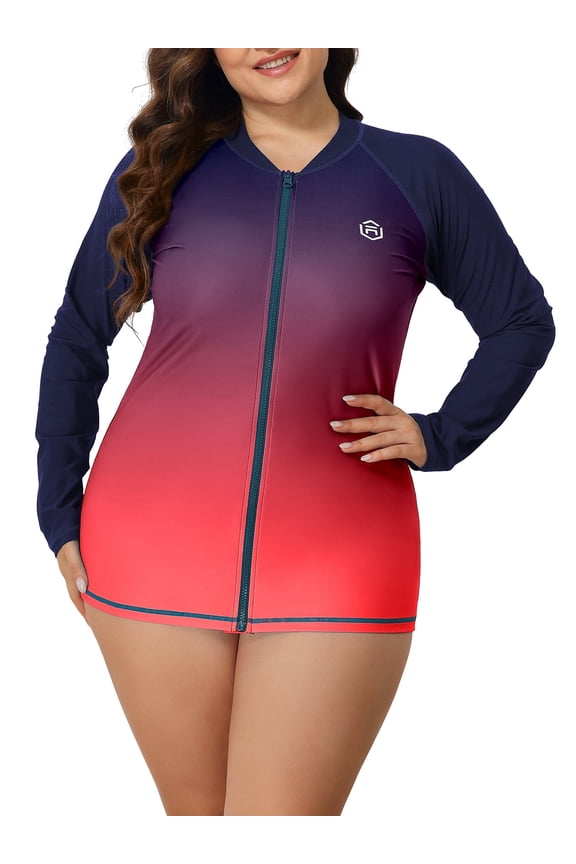 Women's Plus Zipper Rash Guard Long Sleeve Color Block Swim Shirt UPF 50+ Swimsuit Tops