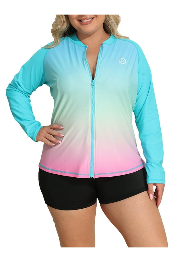 Women's Plus Zipper Rash Guard Long Sleeve Color Block Swim Shirt UPF 50+ Swimsuit Tops