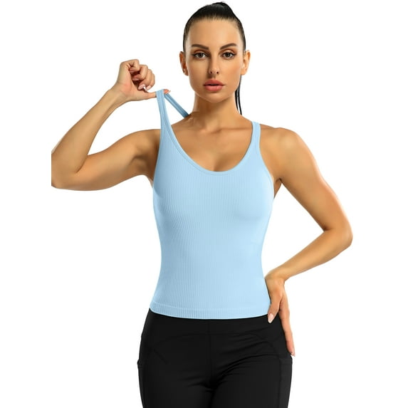 Sociala Women's Round Neck Ribbed Tank Tops Racerback Stretch Camis With Shelf Bra