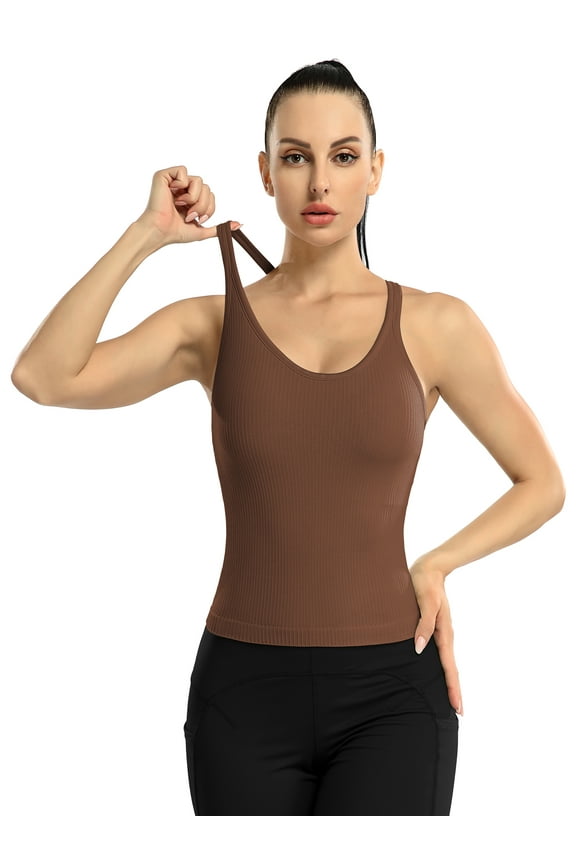 Women's Round Neck Ribbed Tank Tops Racerback Stretch Camis With Shelf Bra