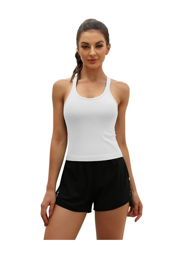 Women's Round Neck Ribbed Tank Tops Racerback Stretch Camis With Shelf Bra