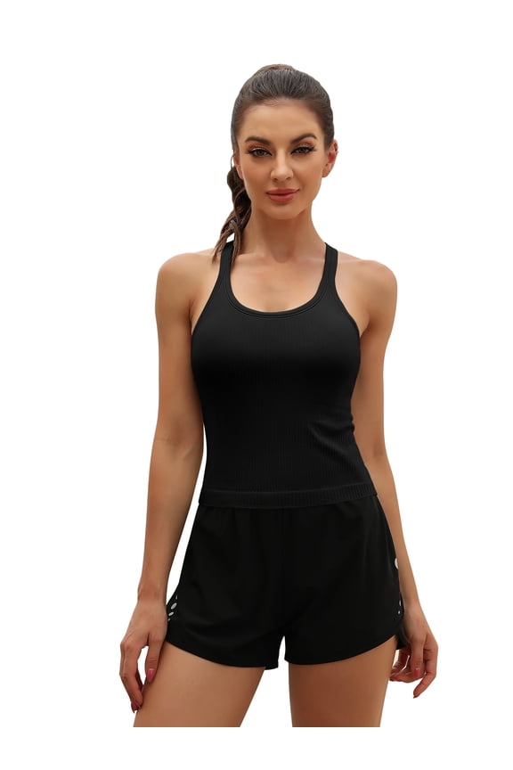 Women's Round Neck Ribbed Tank Tops Racerback Stretch Camis With Shelf Bra