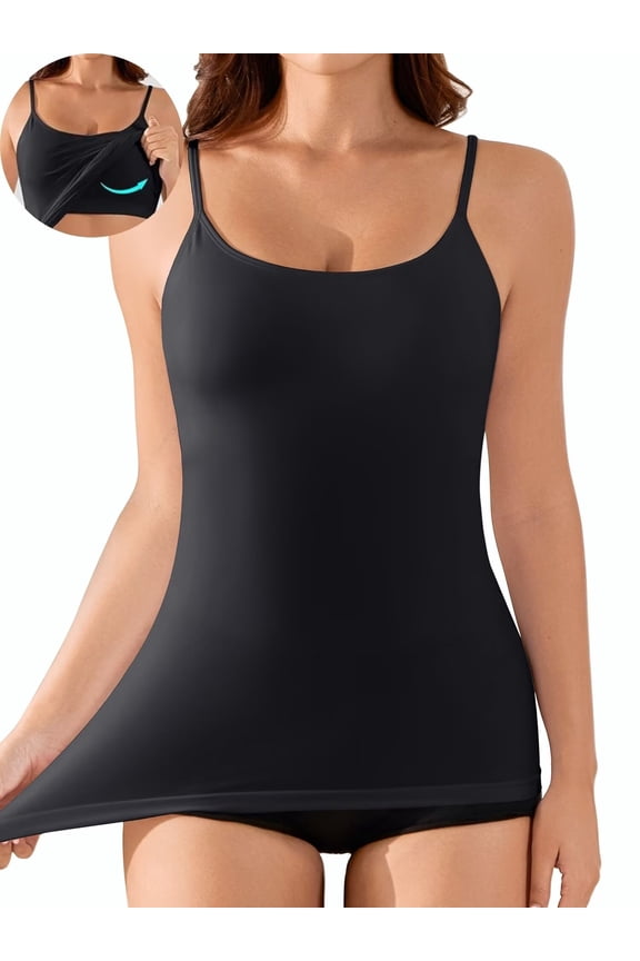 Women's Seamless Camisole Tank Tops Stretch Spaghetti Strap Camisoles Built-in Bra Basic Undershirt Tanks