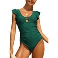 thumbnail image 1 of Sociala Women's Solid Frill Armhole Beachwear Bathing Suit V Neck Flounce One Piece Swimwear, 1 of 5