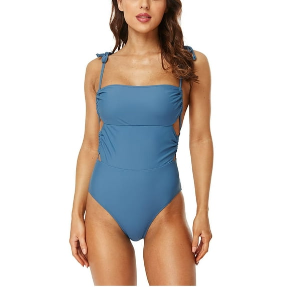 Sociala Women's Solid Tie Shoulder One Piece Swimsuit Cut Out Bathing Suit