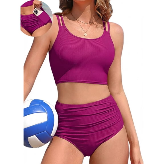 Sociala Women's Sporty Two Piece Swimsuit Ribbed Tummy Control Bathing Suit with Pockets High Waisted Bikini Sets