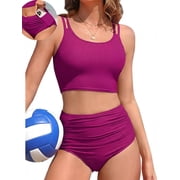 Sociala Womens Sporty Two Piece Swimsuit Ribbed Tummy Control Bathing Suit with Pockets High Waisted Bikini Sets