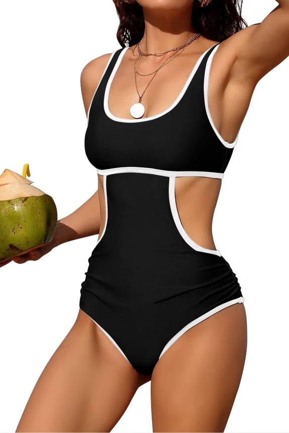 Women's Square Neck One Piece Swimsuit Hollow Out Monkini Back Tie Bath Suit Swimwear