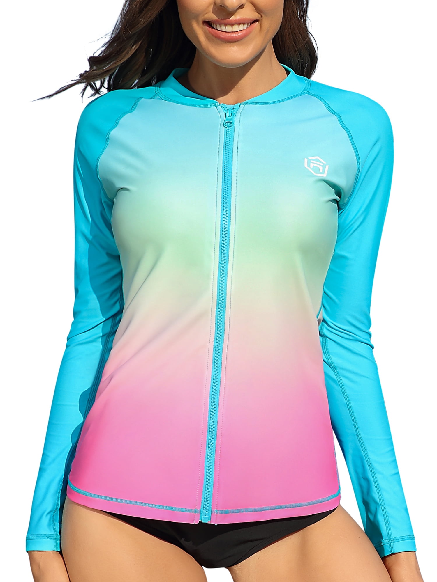 Green Gradient Zipper Long Sleeve Swim Shirt UPF50+ Rash Guard
