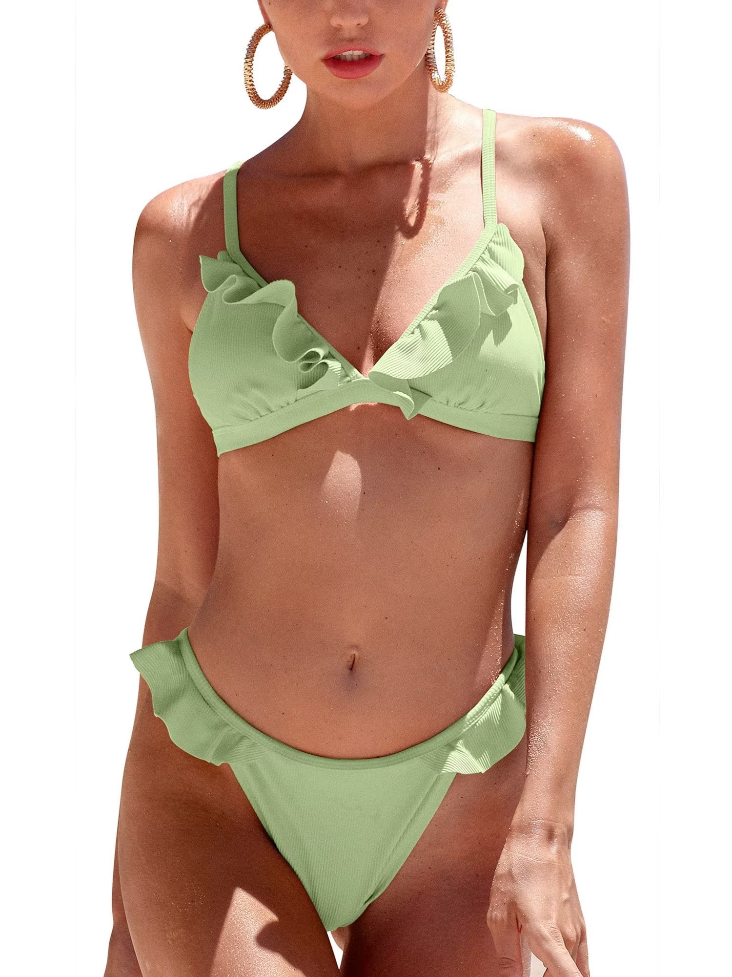 Sociala Womens 2 Piece Brazilian Thong Bikini Sets Ruffled Triangle Cup
