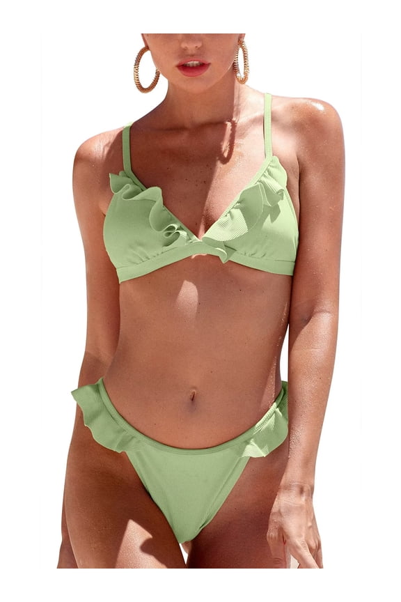 Womens 2 Piece Brazilian Thong Bikini Sets Ruffled Triangle Cup Swimsuits