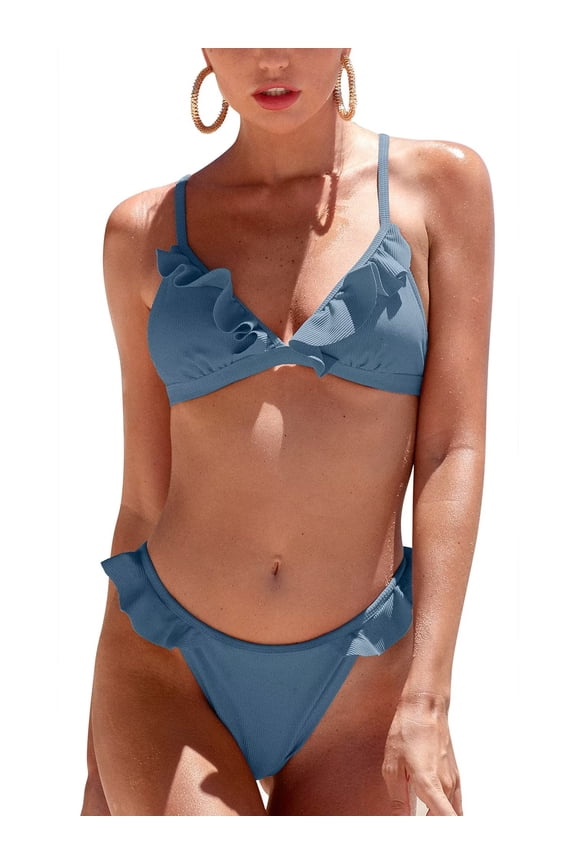 Womens 2 Piece Brazilian Thong Bikini Sets Ruffled Triangle Cup Swimsuits