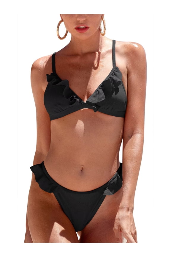 Womens 2 Piece Brazilian Thong Bikini Sets Ruffled Triangle Cup Swimsuits
