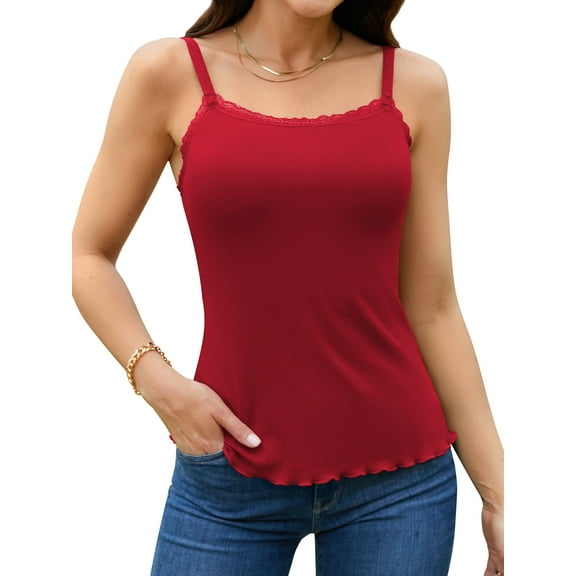 Sociala Womens Adjustable Spaghetti Strap Camis Lettuce Hem Ribbed Undershirt