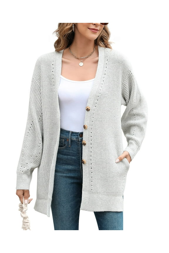 Womens Button Down Cardigan Sweaters with Pockets Side Split Knit Long Sweater