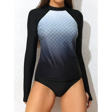 Sociala Womens Color Blocked Rash Guard Thumb Holes Swim Shirts UPF 50+(No Bottoms)